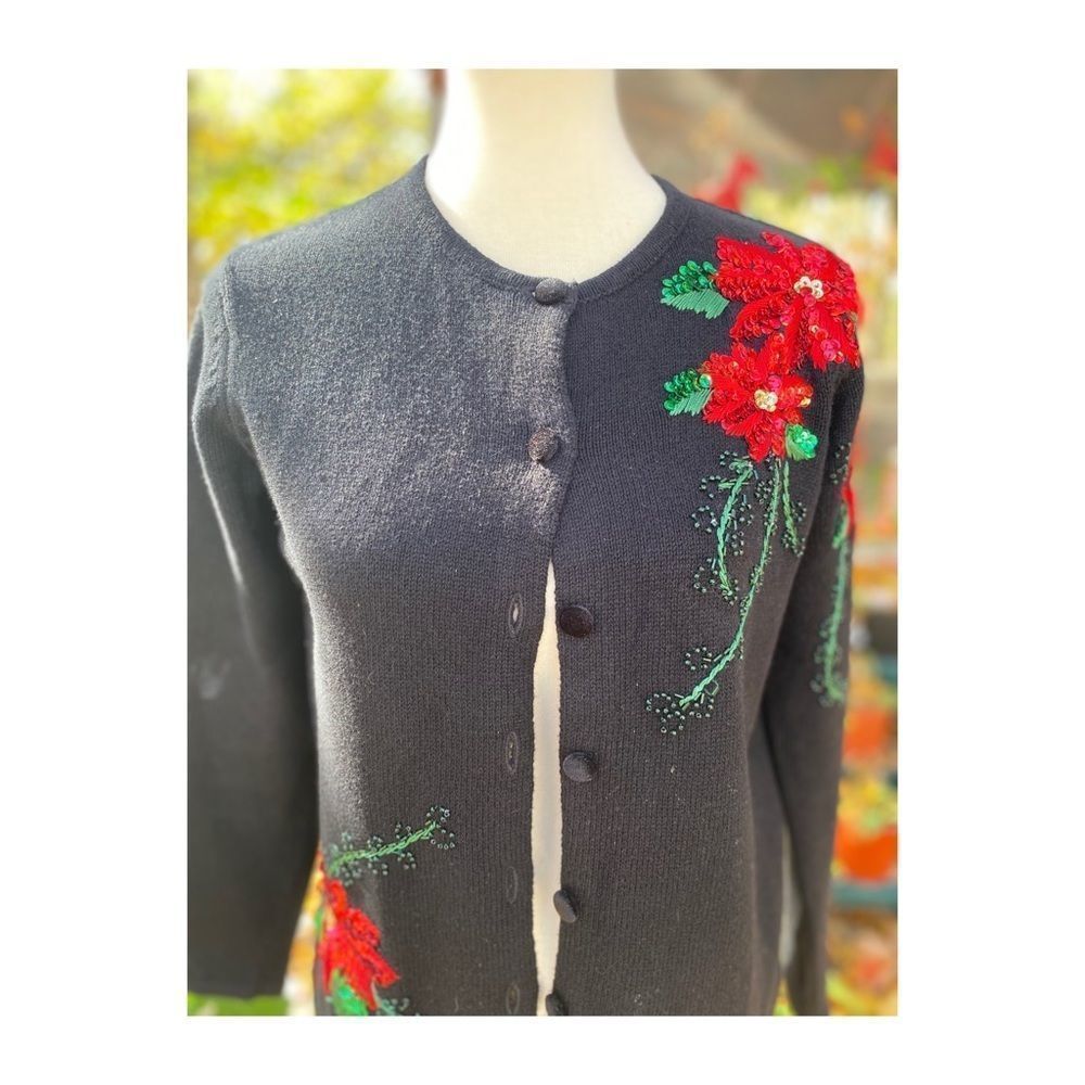 Y2K Cardigan Sweater Floral Sequin Beads Black red